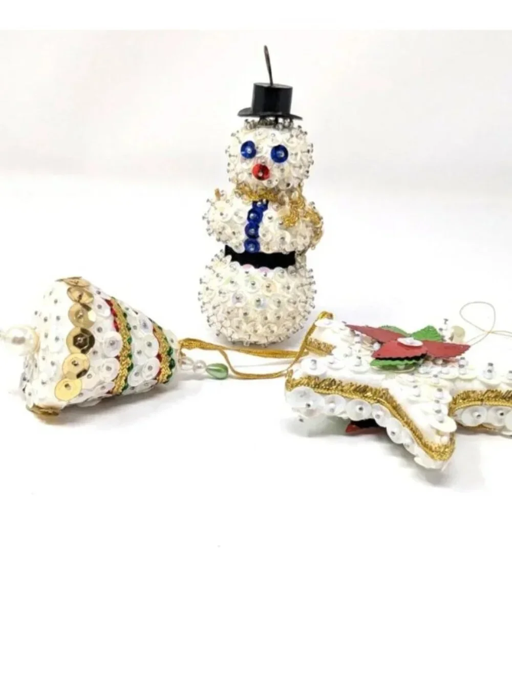 Vintage Handmade Push Pin Ornaments Bead Sequin White Set 3 Snowman Bell Star